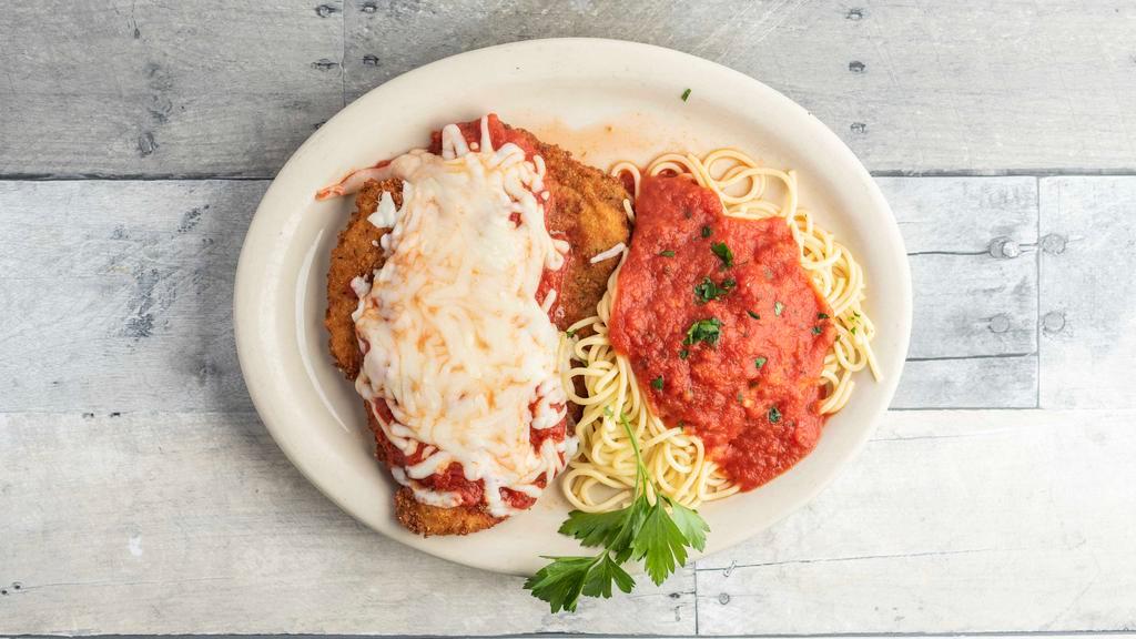 Chicken Parmesan · Lightly breaded chicken breast topped with our Marinara sauce and Mozzarella cheese. Served with a side of Spaghetti Marinara.