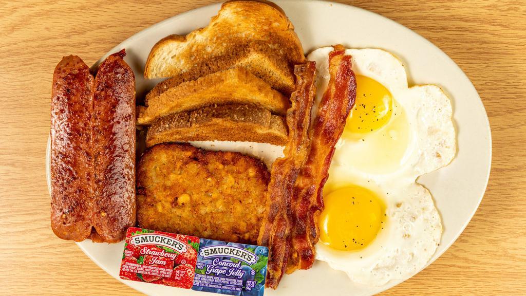 Breakfast Plate · 2 egg, 2 sliced bread, Sausage or Bacon, Hash brown.