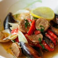 Mussels & Clams · Sautéed with butter, Italian sausage, roasted bell peppers, garlic, basil and white wine.