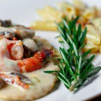 Chicken And Shrimp Dama Bianca · Sautéed chicken breast & 2 jumbo shrimp, fresh mushrooms, green onions, sun dried tomatoes i...