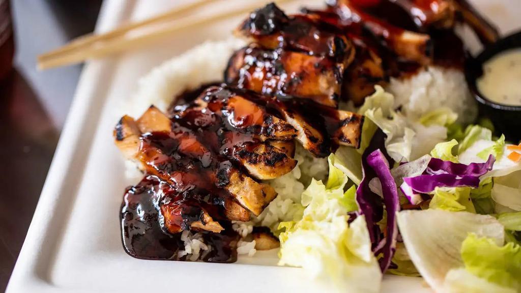 Spicy Chicken Teriyaki · Chicken marinated in our special home made teriyaki marinade then finished with a spicy teriyaki chili sauce.  Served with Calrose rice, crispy Iceberg Lettuce and served with our lemon poppyseed dressing.
