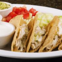 Chiken Tacos Family Pack · 16 Chicken breast tacos, with lettuce, tomato, sour cream, two hot sauces, 1 Lto. rice, &  1...