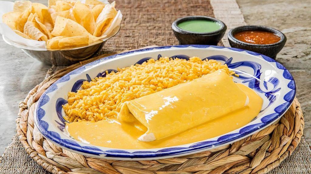 Burrito Con Queso · A flour tortilla filled with your choice of fajita, refried beans, and topped with queso, Served with your choice of rice.
