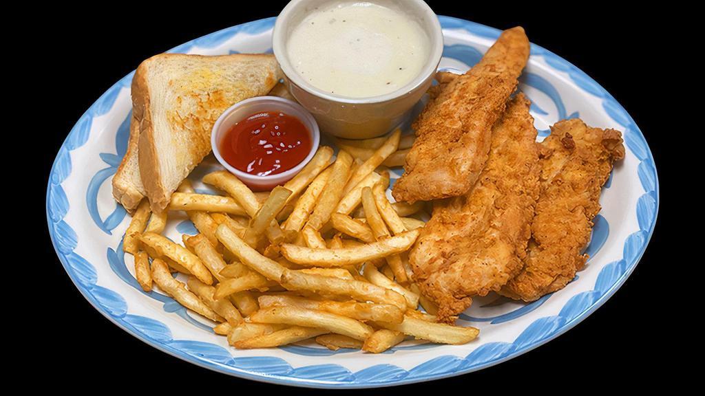 Chicken Strips · French fries, Texas toast and cream gravy.