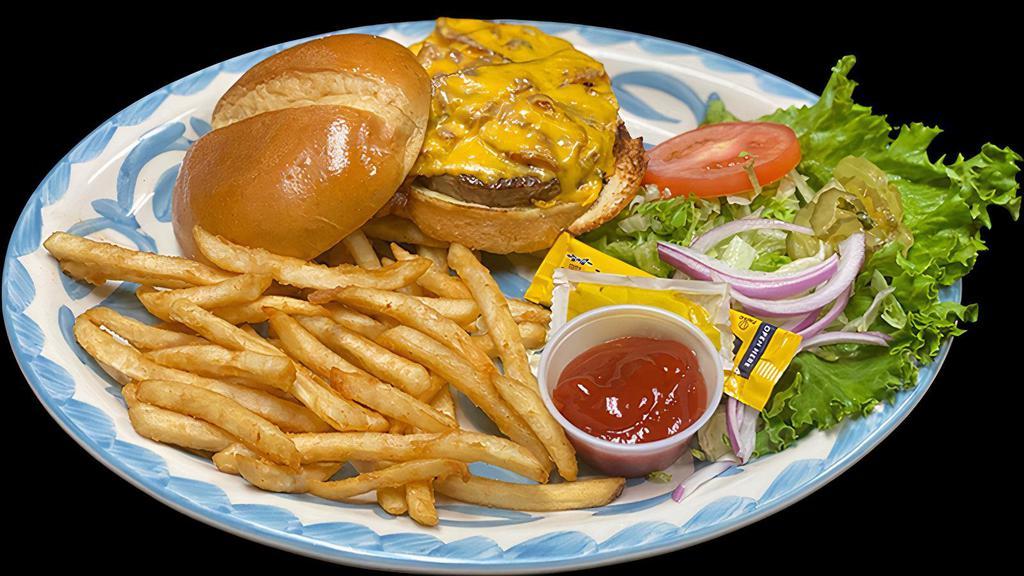 Bacon Cheese Burger · 5.3 oz 100% Ground angus beef on top a Brioche Bun topped with American cheese, bacon, lettuce, tomatoes, pickles, and purple onion.