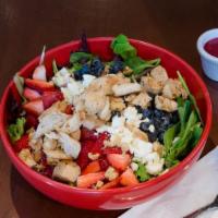 Red, White & Blue Salad · Spring mix, Strawberry, Feta cheese, Blueberry, and Walnuts. Grilled chicken or Beef Fajita ...