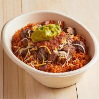 Keto Burrito Bowl · Cauliflower Rice, Steak, Salsa, Cheese, Guac