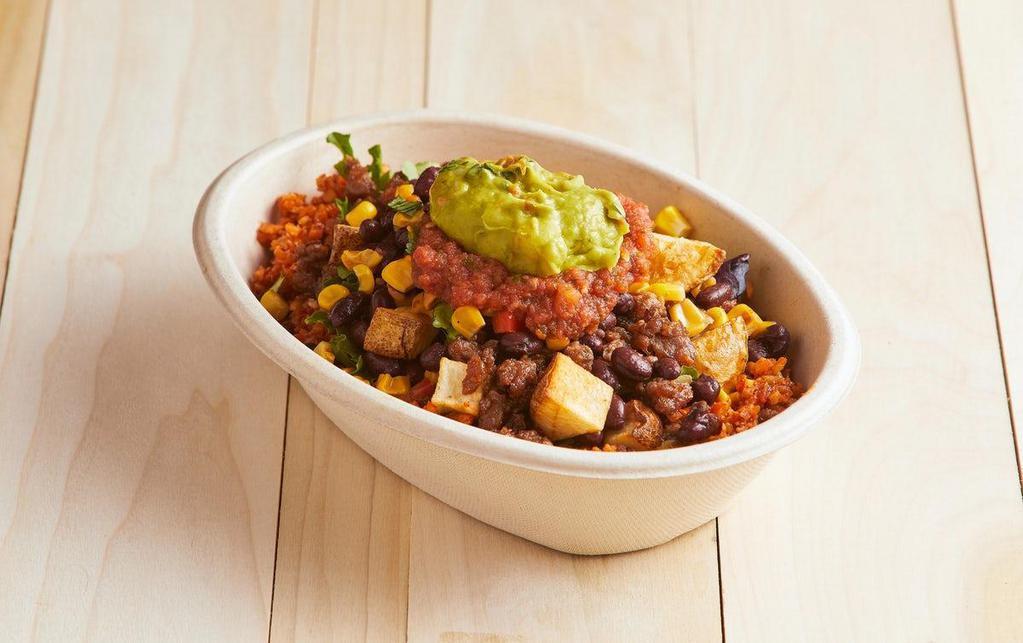 Vegan Burrito Bowl · Cauliflower Rice, Abbot's Butcher Chorizo, Black Beans, Salsa, Corn salsa, Guac