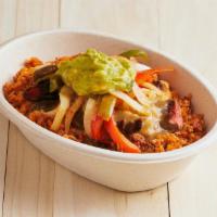 Paleo Burrito Bowl · Cauliflower Rice, Steak, Sautéed Veggies, Mild Tomatillo, Guac