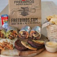 New! Freebirds Burrito Bundle · 1 Steak Freebird (Flour tortilla, steak, spanish rice, pinto beans, cheese, mild tomatillo),...