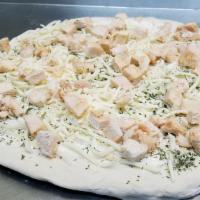 Chicken Alfredo Pizza · Grilled chicken, onions and fresh tomatoes.