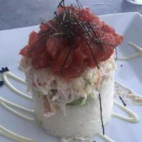 Tuna Tower · Big Eye Tuna, crab mix, sushi rice, caviar, avocado, wasabi mayo, seaweed.