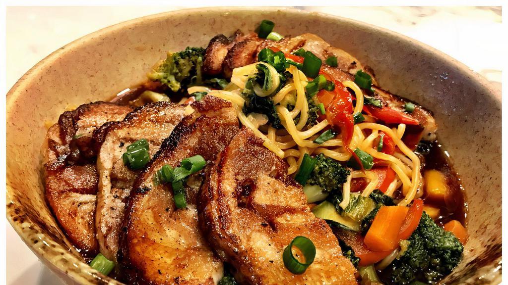 Pork Belly Hibachi Noodles · Braised pork belly, bok choy, broccoli, carrots, red bells, pickled lotus root, scallion.