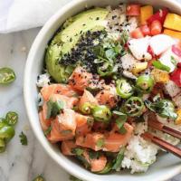 Seared Tuna Salad · Seared Ahi Tuna, Spring mix, cherry tomatoes. cucumbers. carrots, daikon, egg, wasabi peas, ...