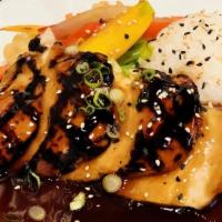 Chicken Teriyaki · 8 oz Grilled Chicken Breast, with White Rice and Sweet & Sour Veggie Medley.  Served with Te...