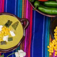 Chile Poblano Soup  · Creamy Chile poblanos peppers soup, topped with corn and queso fresco
