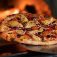 Vegetarian · Pizza Sauce, Pizza Cheese, Cherry Tomatoes, Red Onions, Roasted Red Peppers, Caramelized Oni...
