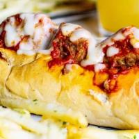 Meatball Sub · Marinara, Mozzarella. Served with Garlic Fries or. Substitute 1/2 Salad for $2.99.