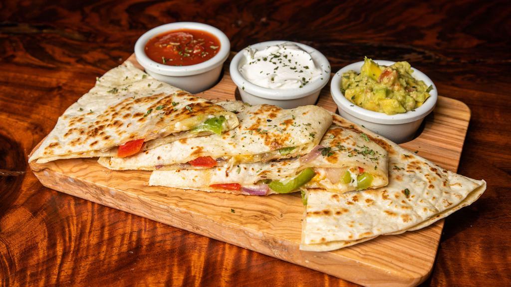 Vegetable Quesadilla · Vegetarian. Mushrooms, pepper jack, onion and bell pepper served with guacamole, sour cream and salsa.
