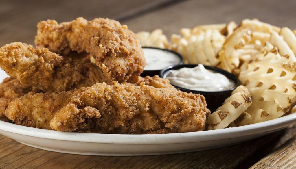 Boneless Wing Basket · 12 oz. of hand-breaded chicken tenders tossed in your favorite wing sauce and a side.