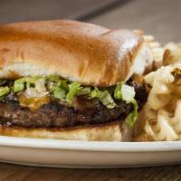 Honey Bbq Burger · Our burger tossed in Honey BBQ sauce and covered with cheese and grilled onions. All of our ...