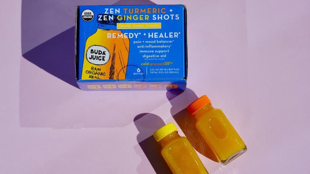 Immunity Buda Juice - Cold Pressed Juice Shots · 2 oz. Glass bottle.

Zen Ginger (No 11) is sweet and daring. A delightfully pleasing way to revive and recover with the amazing immunity, anti-inflammatory, and digestive powers of ginger mixed with the anti-oxidant (vitamin C) power of  Zen Orange.

Zen Turmeric (No 12) is colorful and striking. Let turmeric lift your mood and ease your aches and pains (post workout for example) while the antioxidants (vitamin C) in our Zen Orange keep you going strong.