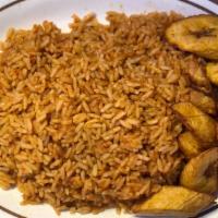 Empty Jollof Rice · Served with vegetables and plantain