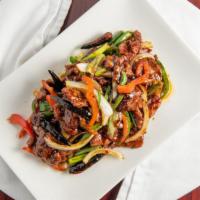 Mongolian Beef · Beef, onions, jalapeno peppers, fresh garlic, chili oil, and Mongolian sauce.