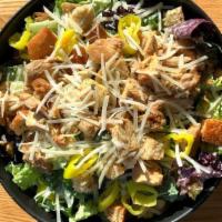 Caesar Salad · Grilled chicken on romaine lettuce, with croutons, parmesan cheese, banana peppers, tossed i...