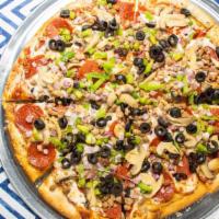 Halal Supreme Pie · Pepperoni, ground beef, red onions, green peppers, mushrooms, black olives.
