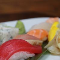 Combo A · Sushi combo. Five pieces of nigiri and choose any one roll.
