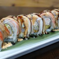 Sunshine Roll · Crab stick over a shrimp tempura roll with spicy mayo and sweet sauce.
