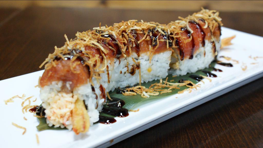 Red Dragon Roll · Spicy tuna over a shrimp tempura roll (crunch add).