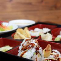 Roll Bento · Half California roll. Half Spicy tuna roll and shrimp tempura roll.
