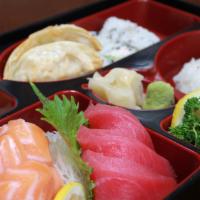 Sashimi Bento · Tuna Sashimi (three pieces), salmon sashimi (three pieces).