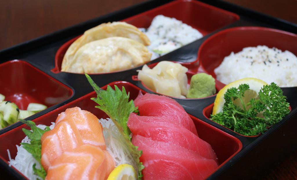 Sashimi Bento · Tuna Sashimi (three pieces), salmon sashimi (three pieces).