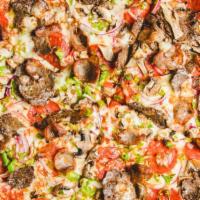 Deluxe · Pepperoni, Italian sausage, mushrooms, green peppers, and onions.