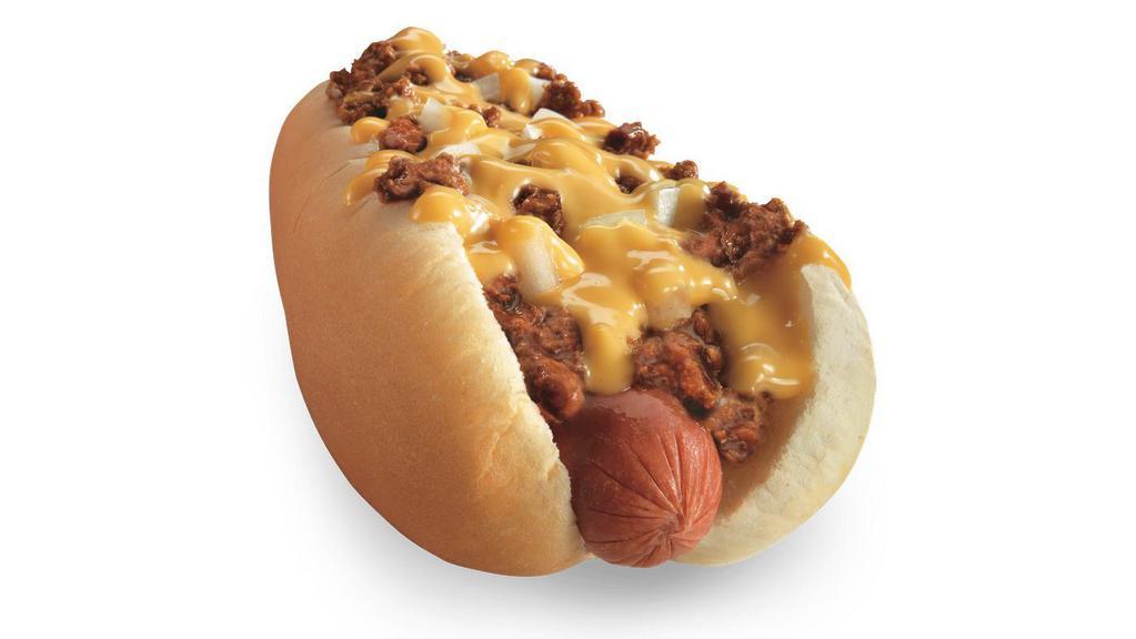 Coney Cheese Dog · Our famous Coney Dog topped with cheddar cheese sauce and diced onions.