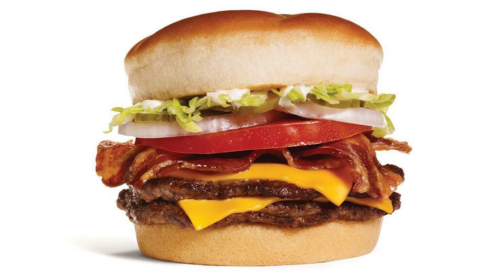 Bacon Double Cheeseburger · We invented the Bacon Cheeseburger way back in 1963. Try this 1/3lb. double served with American cheese, lettuce, tomato, onions and pickles.