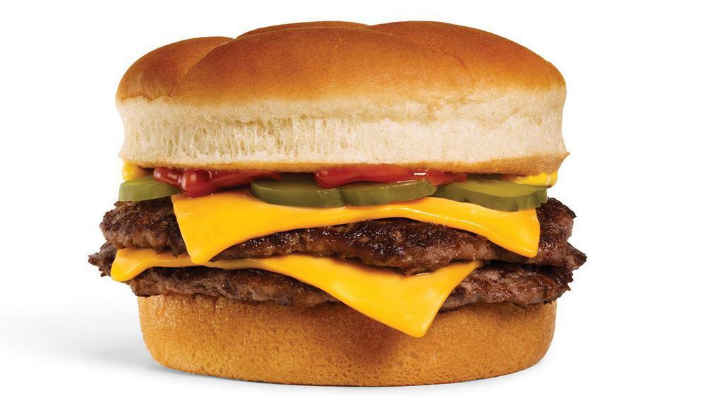 Double Cheeseburger · A 1/3 lb. double made with 100% U.S. Beef patties, two slices of American cheese, ketchup, mustard and pickles.