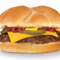 Cheeseburger · Made with 100% U.S. Beef and ressed with American cheese, ketchup, mustard and pickles.
