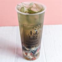 Royal Artichoke · Topping included: Rainbow jelly, basil seed, grassjelly, longan)