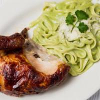 Tallarines Verdes · Peruvian style spaghetti in a popular creamy sauce from aromatic basil and spinach leaves, a...