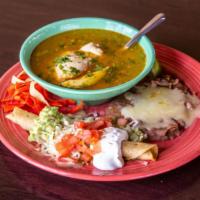 Chicken Soup Combo · A bowl of our award-winning soup, flauta (topped with guacamole, sour cream, Monterrey jack ...