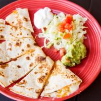 Las Palapas Quesadilla · Twelve inches flour tortilla stuffed with monterrey jack and cheddar diced tomatoes, onions ...