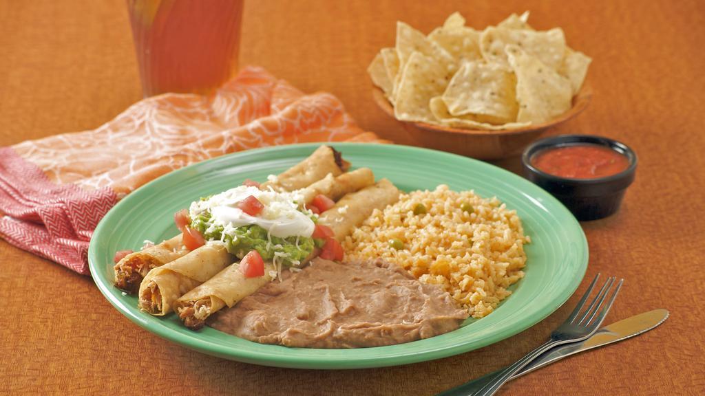 Mama Ruth'S Flauta Special · Three chicken flautas topped with sour cream, guacamole monterrey jack choose, and tomatoes.
