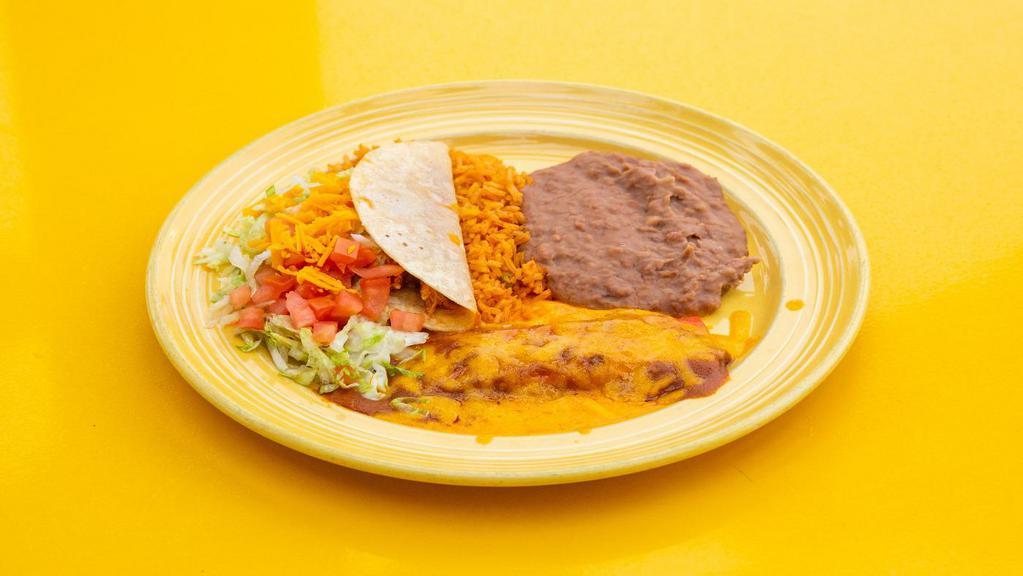 Combination Plate · One cheese enchilada and a crispy taco. Served with homemade flour tortillas, refried beans, and rice or sub beans and rice for the side of vegetables (combo of mushrooms, tomatoes, onions, zucchini, and yellow squash).