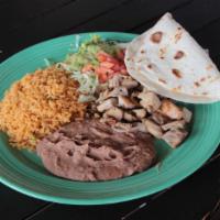Chicken Fajita Plate · Served with guacamole, grilled onions and pico de gallo. Served with homemade flour tortilla...