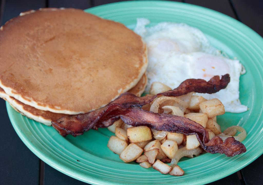 Pancake Special · Two pancakes, three strips of bacon, two eggs, and potatoes.