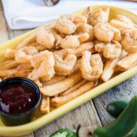 Popcorn Shrimp · French fries and our cherry mustard dipping sauce.